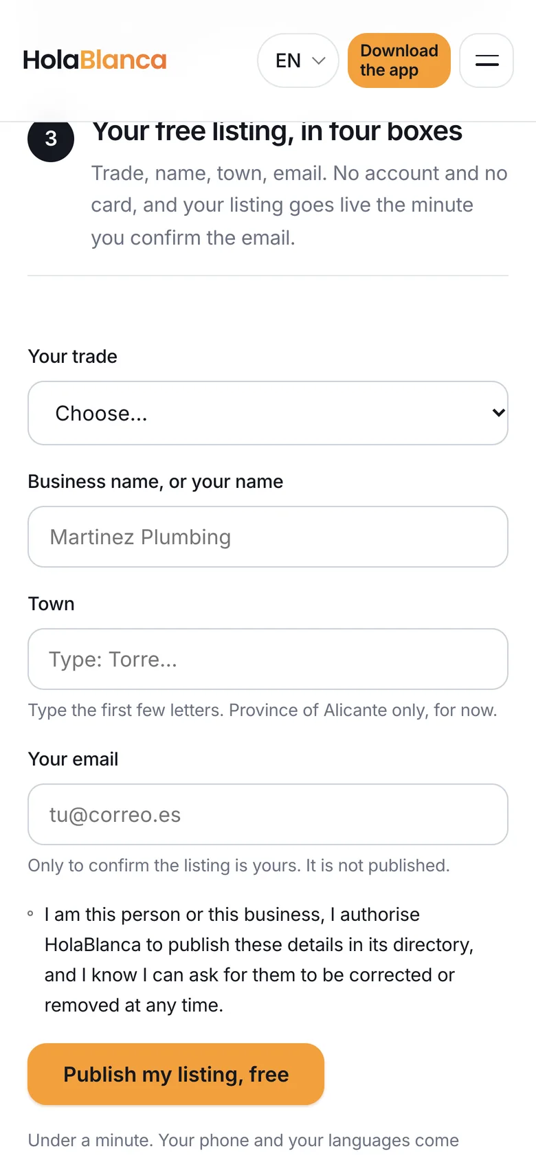 The sign-up page: trade, name, town and email