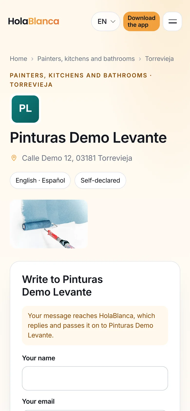 A published listing with its logo, address and languages