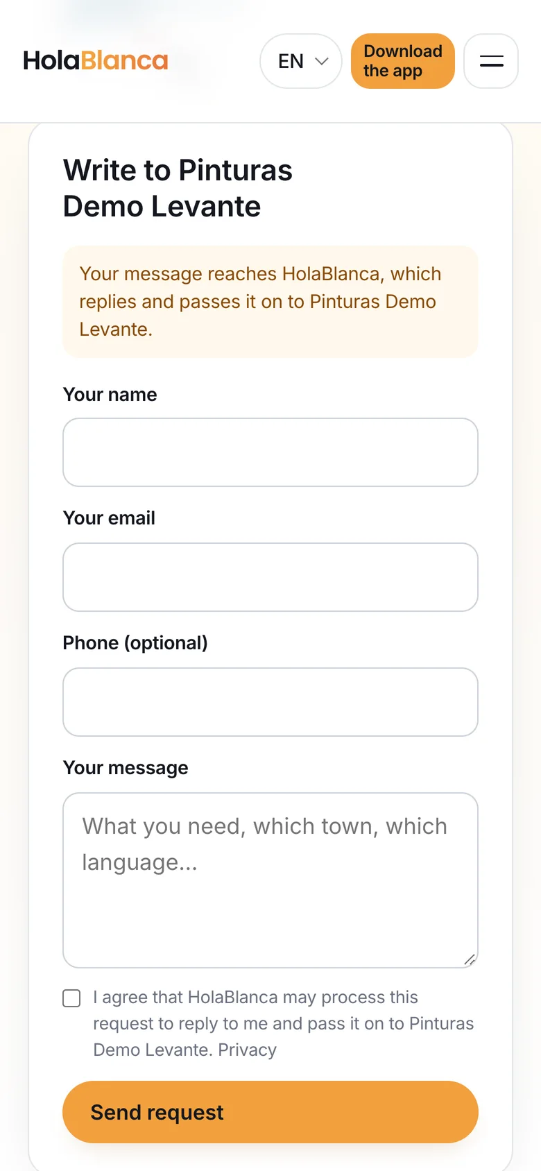 The form on a listing: your name, email and message