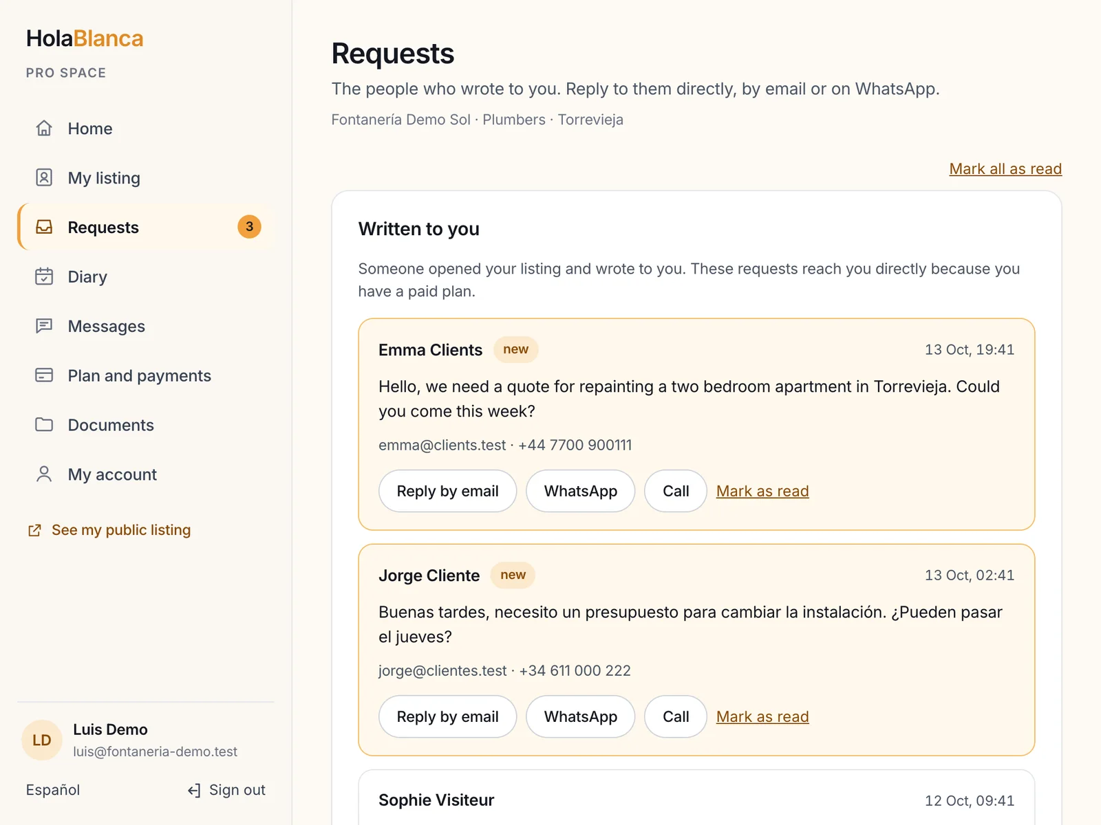 Requests received, with the reply buttons