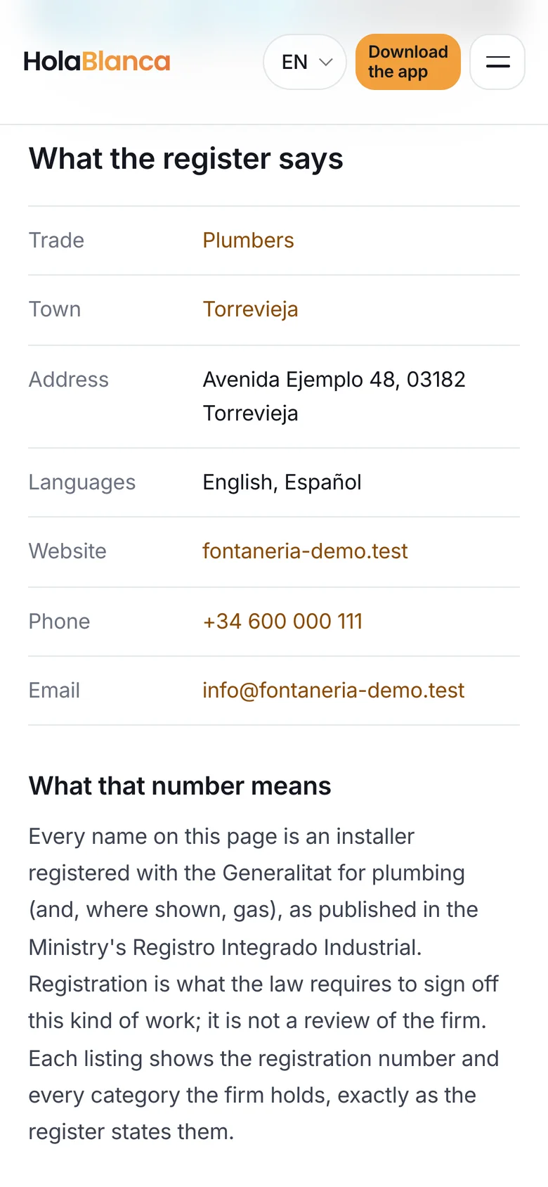 The details of a listing with phone, email and website