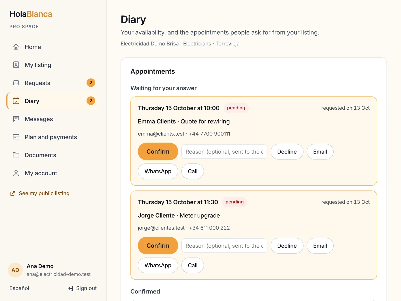 The Diary: appointments waiting for an answer, with Confirm and Decline buttons