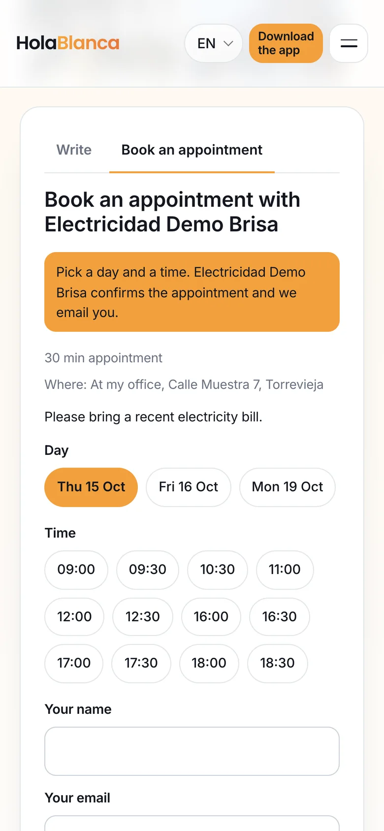 The “Book an appointment” tab of a listing: pick a day and a time