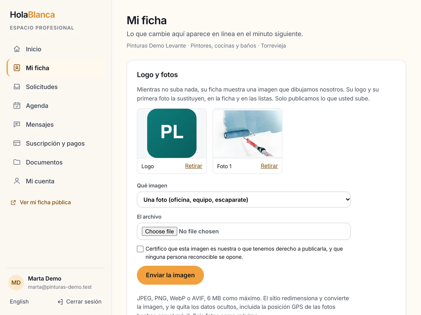 El espacio profesional: logo y fotos