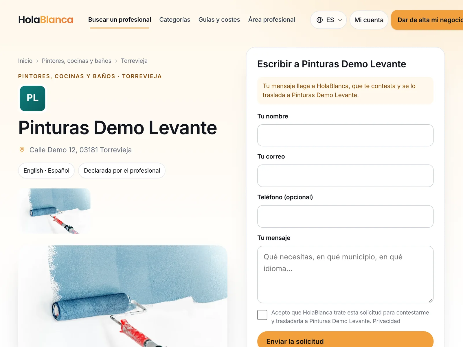 Una ficha gratuita: logo, dirección, fotos y el formulario «Escribir a»