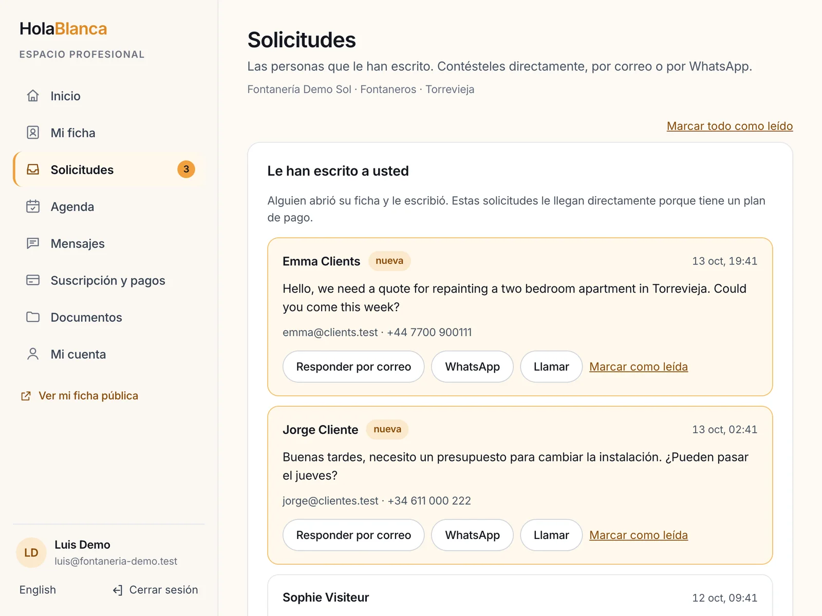 Solicitudes recibidas con los botones de responder
