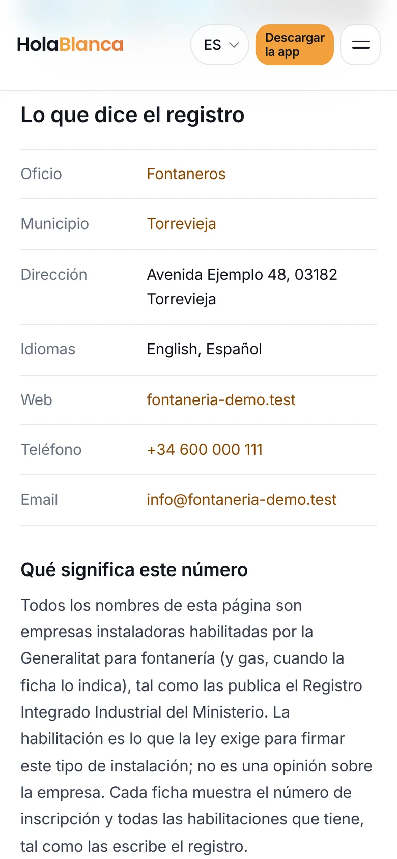 Los datos de una ficha con teléfono, correo y web