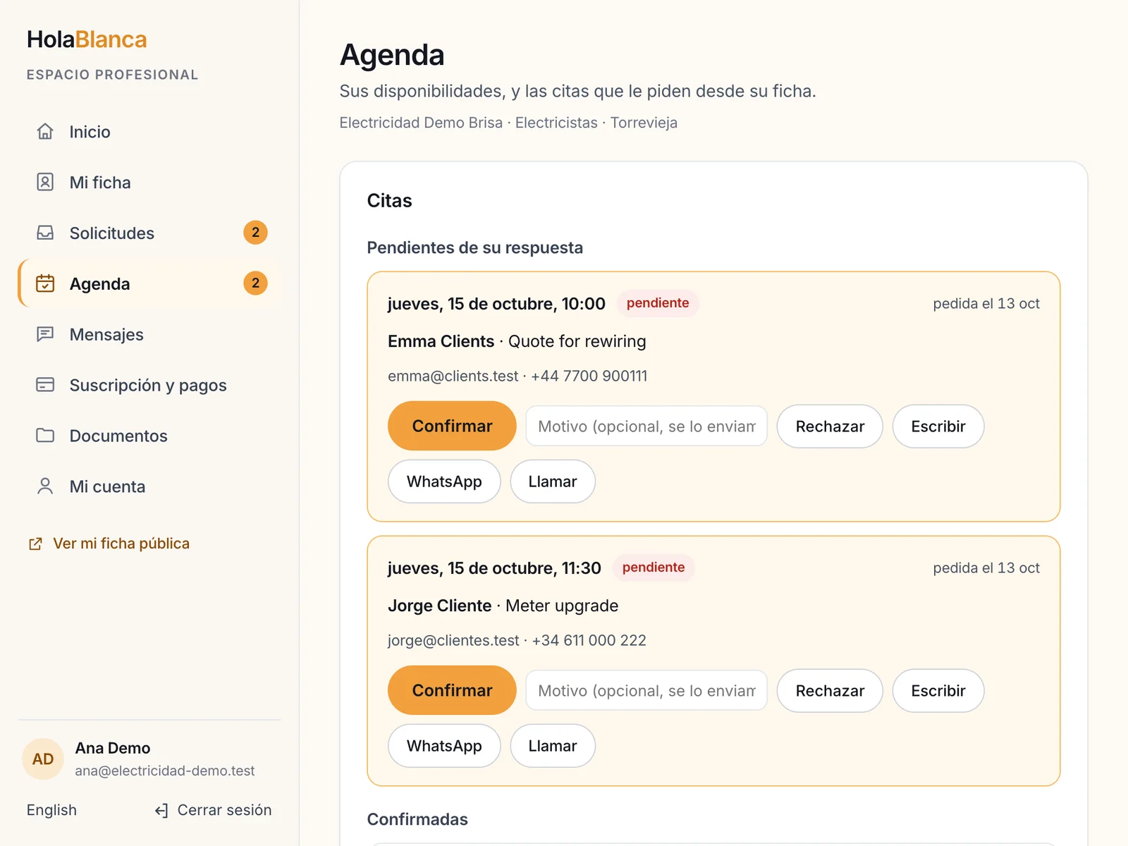La agenda: citas pendientes de respuesta con los botones Confirmar y Rechazar