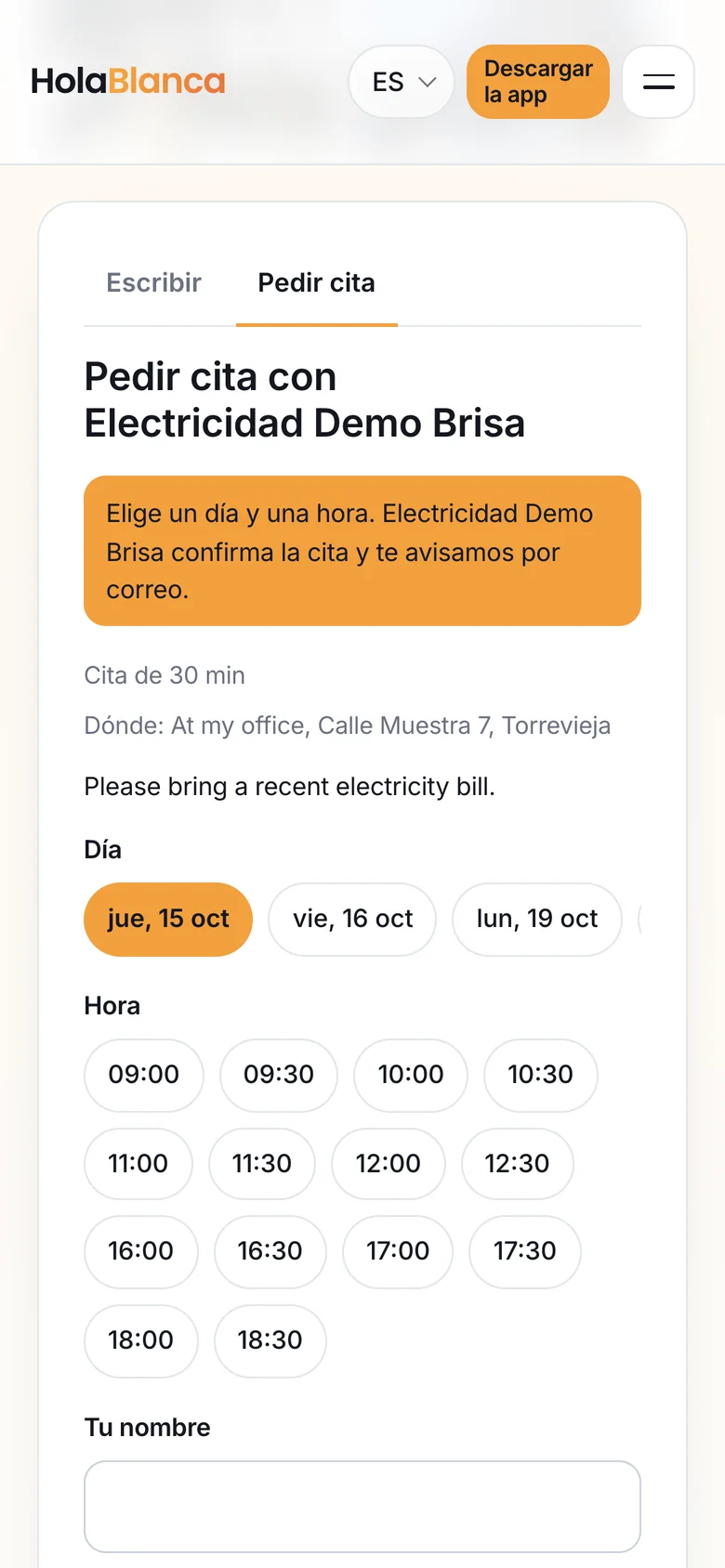 La pestaña «Pedir cita» de una ficha: elegir día y hora