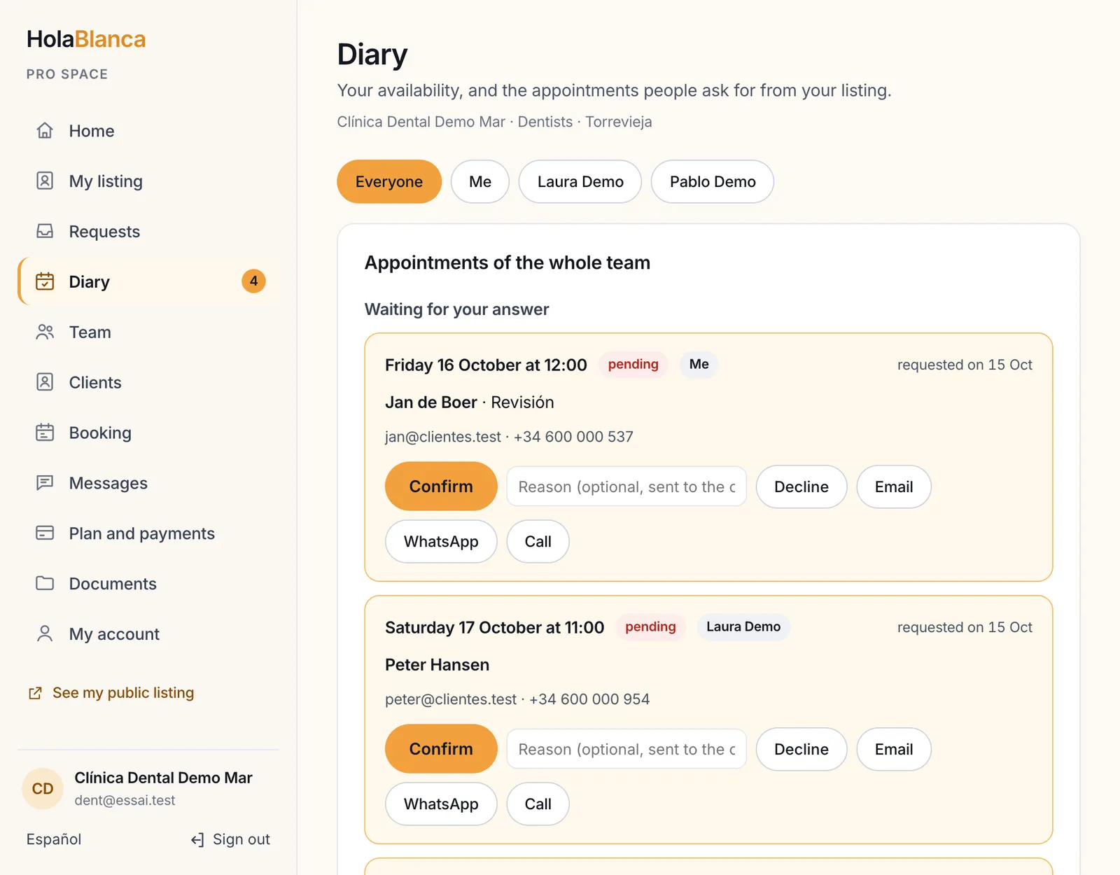 The diary: appointments waiting for an answer, with Confirm and Decline buttons