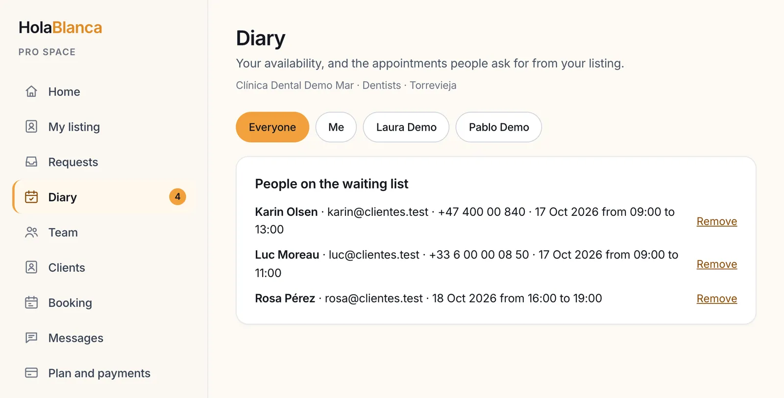 The diary with the waiting list: who waits, for which day and hours