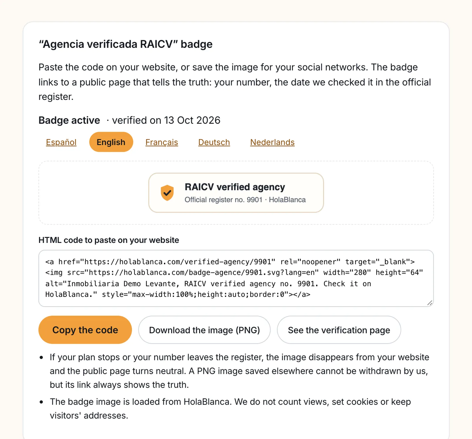 The badge screen: the "RAICV verified agency" seal, the code to paste and the link to the verification page