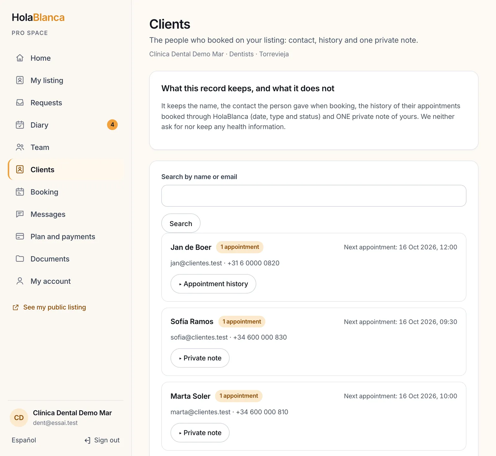 The Clients list: name, contact, number of appointments and a private note, with what the record keeps and does not keep