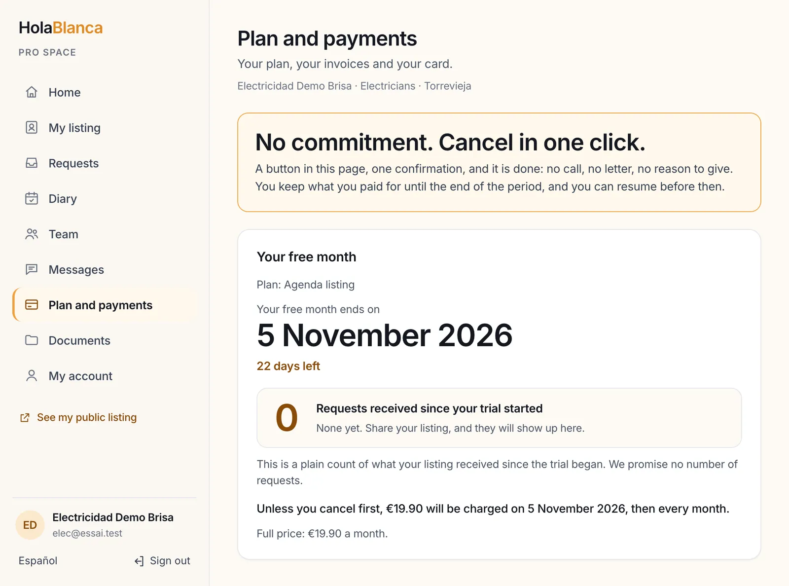 The plan screen during the free month: the end date in big letters, the count of requests, the cancel button