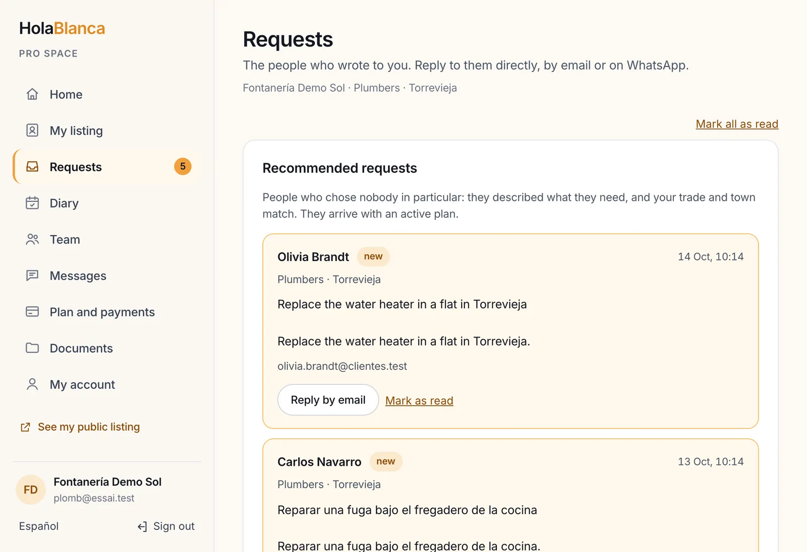 Open requests from the towns you cover, recommended to you