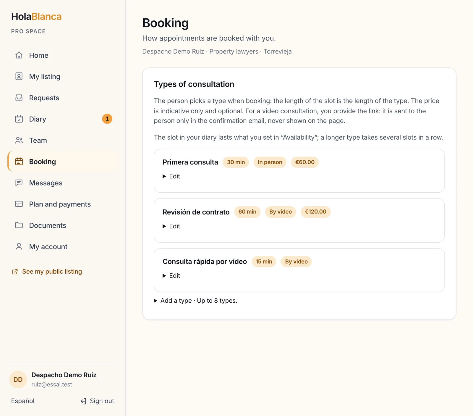 The Booking screen: three types of consultation with length, indicative price, in person or by video