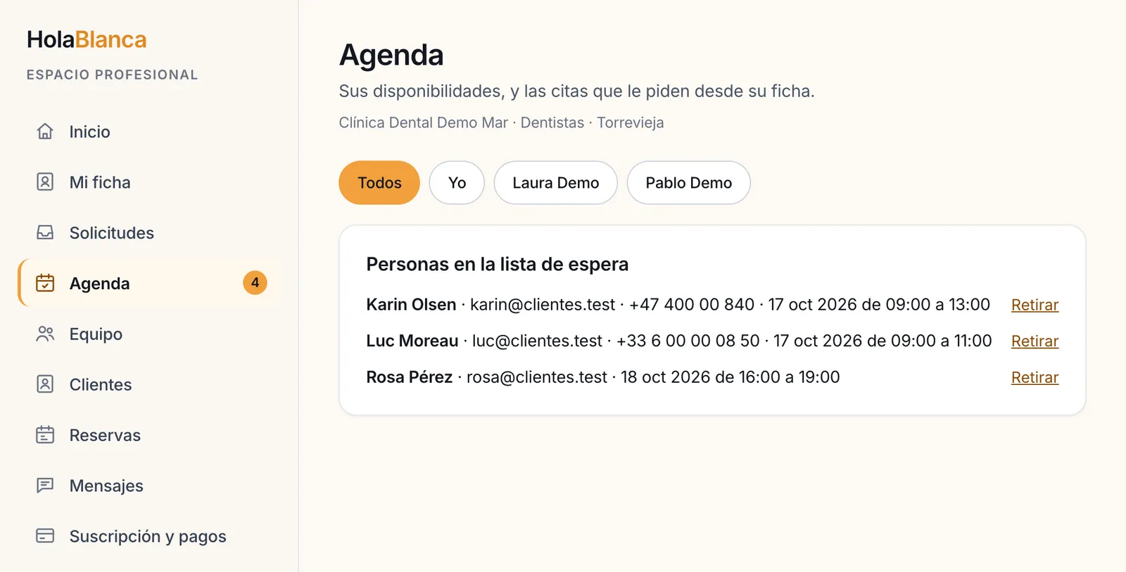 La agenda con la lista de espera: quién espera, qué día y qué horas