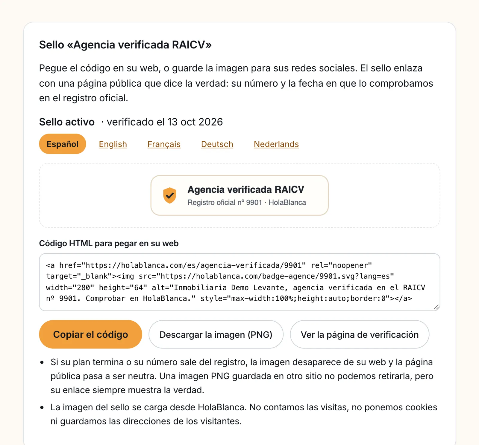 La pantalla del sello: el sello «Agencia verificada RAICV», el código para pegar y el enlace a la página de verificación