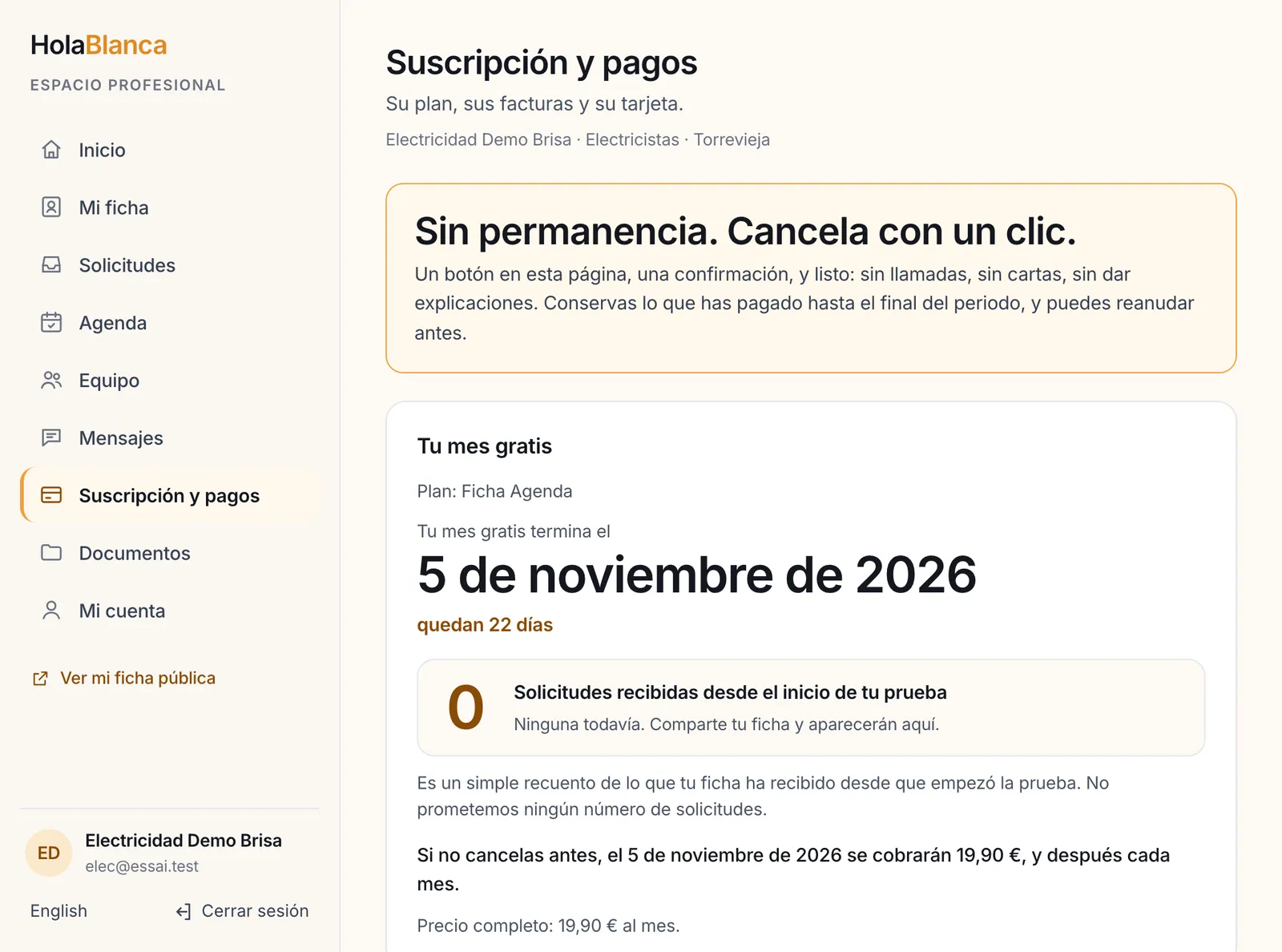 La pantalla del plan durante el mes gratis: la fecha de fin en grande, el recuento de solicitudes, el botón de cancelar