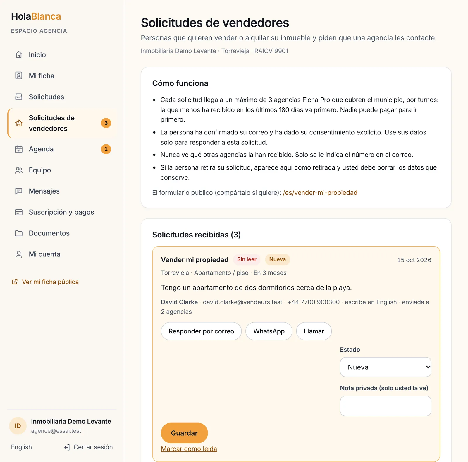La pantalla de solicitudes de vendedores: cómo funciona y las solicitudes recibidas con estado y nota privada