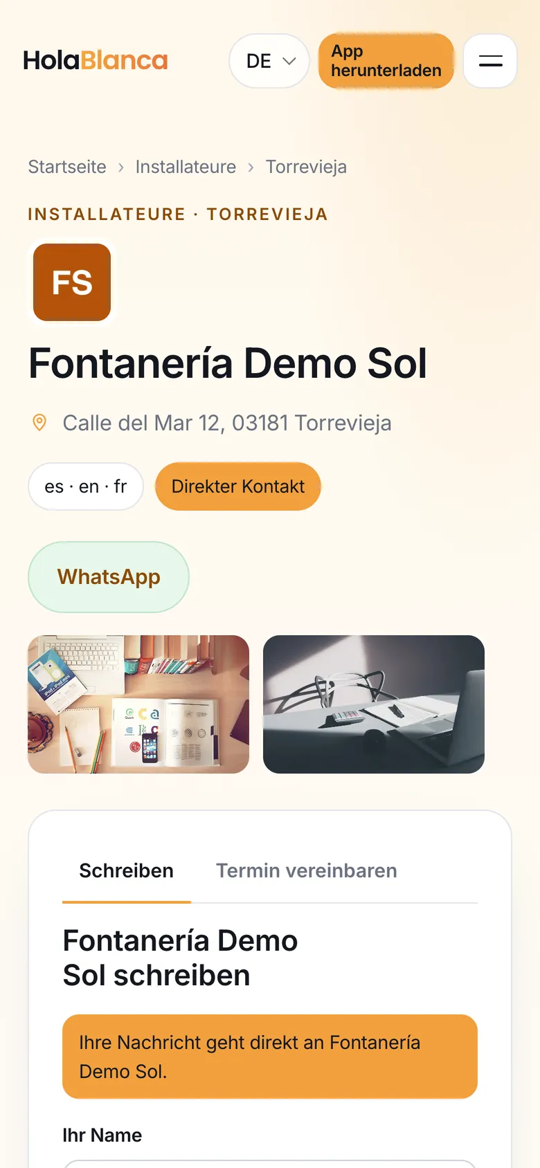 Die Seite eines Handwerks auf dem Handy: Name, Adresse, Sprachen, Kontaktschaltflächen, WhatsApp, Fotos und die Reiter zum Schreiben oder Terminbuchen
