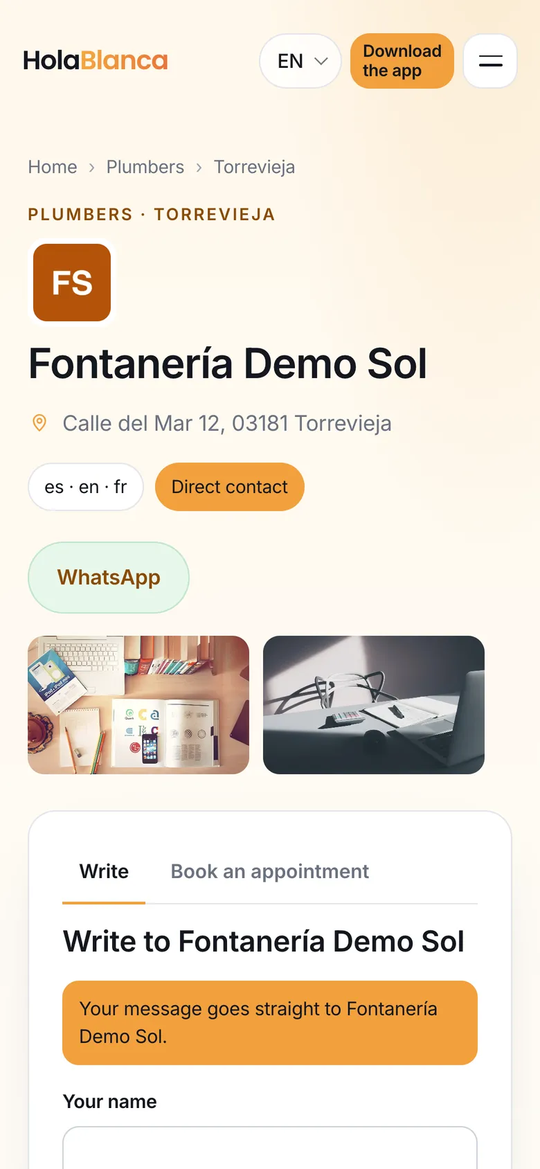 A trade page on a phone: name, address, languages, contact buttons, WhatsApp, photos and the tabs to write or book an appointment