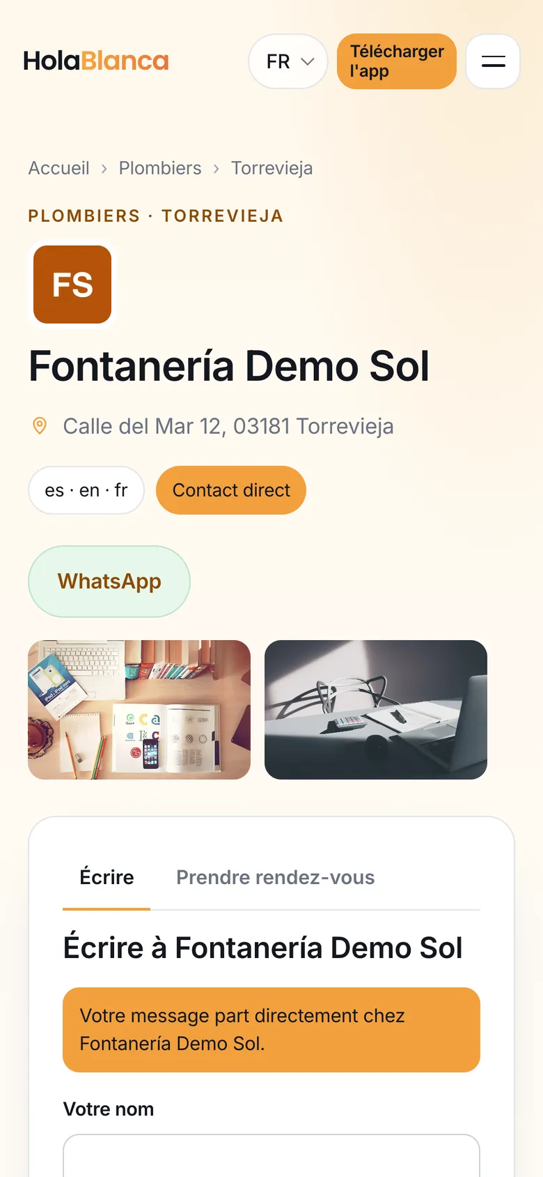 La page d'un métier sur téléphone : nom, adresse, langues, boutons de contact, WhatsApp, photos et les onglets pour écrire ou prendre rendez-vous