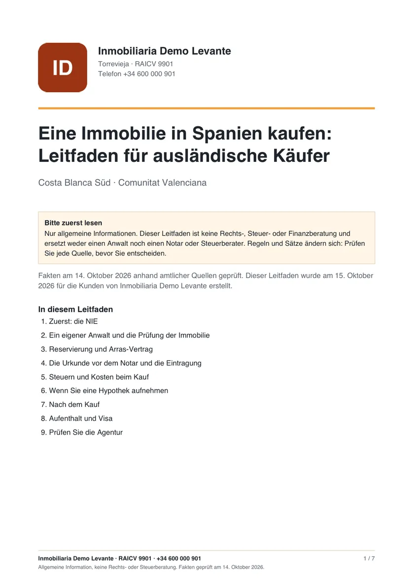 Die erste Seite des PDFs des Käuferratgebers, mit Logo, Name und RAICV-Nummer der Agentur