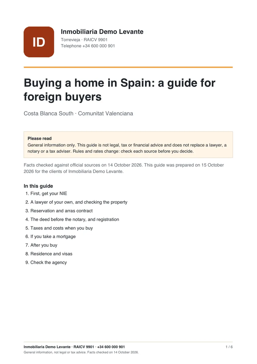 The first page of the buyer's guide PDF, with the agency's logo, name and RAICV number