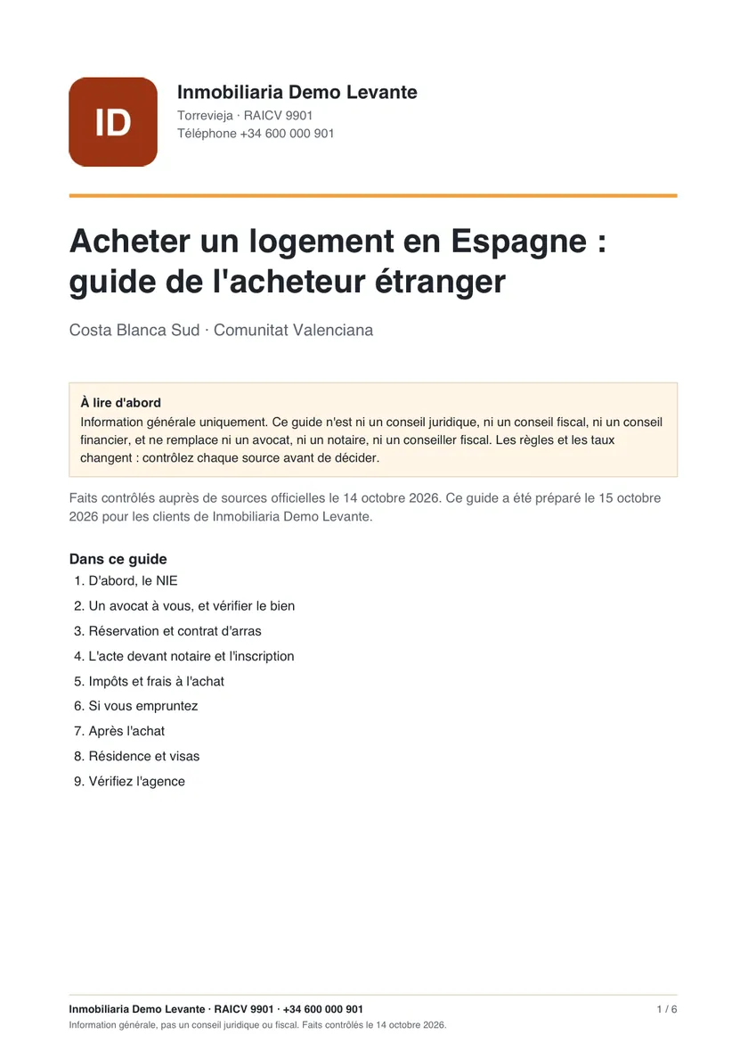 La première page du PDF du guide de l'acheteur, avec le logo, le nom et le numéro RAICV de l'agence