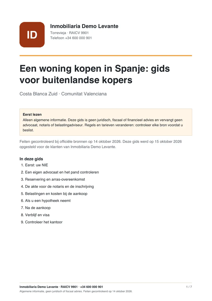 De eerste pagina van de pdf van de kopersgids, met het logo, de naam en het RAICV-nummer van het kantoor