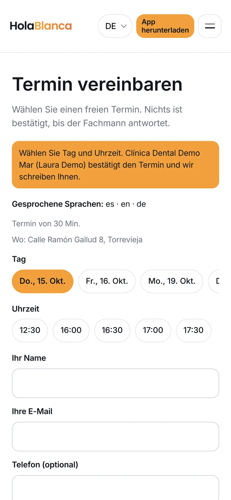 Die öffentliche Terminseite eines Kalenders auf dem Handy: nur freie Tage und Zeiten, kein Kundenname