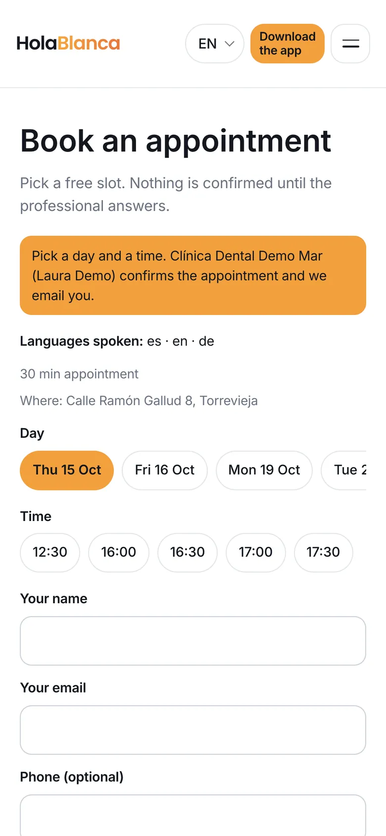 The public booking page of one calendar on a phone: free days and hours only, no name of any customer