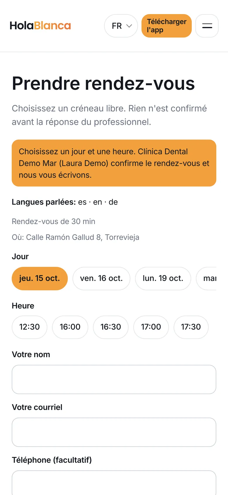 La page publique de rendez-vous d'un calendrier sur téléphone : seulement des jours et des heures libres, aucun nom de client