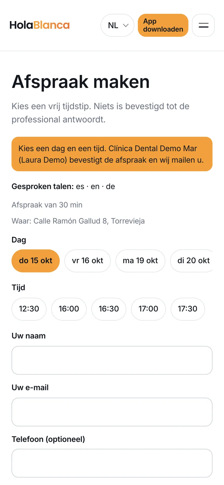 De openbare afsprakenpagina van één agenda op een telefoon: alleen vrije dagen en uren, geen enkele klantnaam